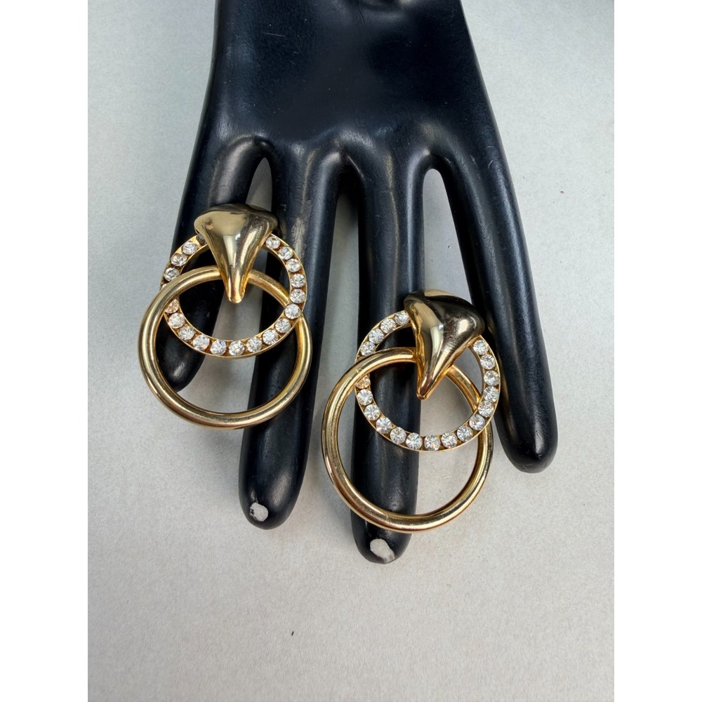 Vintage Gold Tone Double Hoop Clear Rhinestone Door Knocker Pierced Earrings